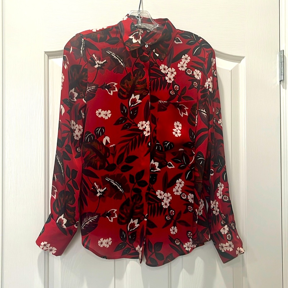 Red print “silky” blouse from Zara. Size small.